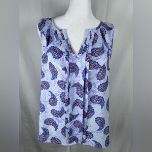 Skies are Blue Ruffle Paisley Blue Blouse Medium Petite MP Orange Sleeveless